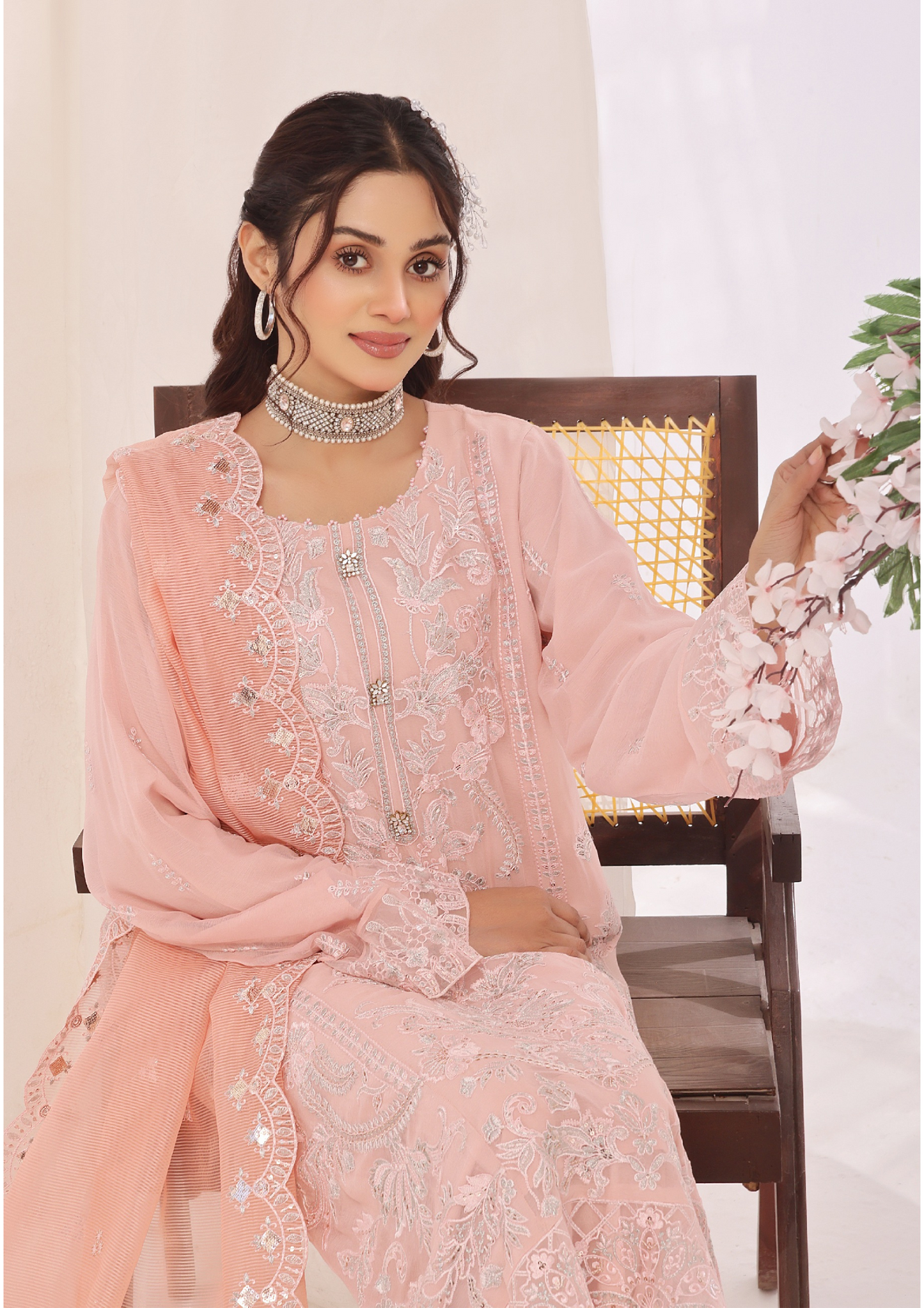 LA BELLE - Semi Stitched 3-Piece Embroidered Chiffon