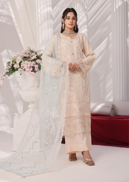 LA BELLE - Semi Stitched 3-Piece Embroidered Chiffon