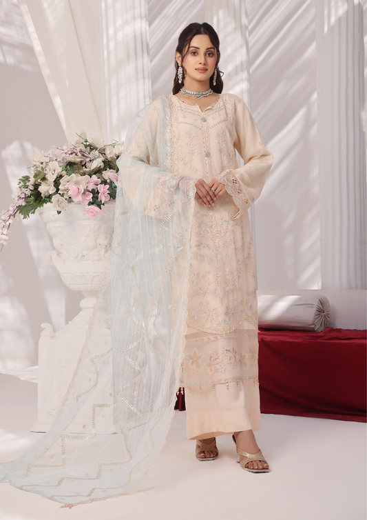 LA BELLE - Semi Stitched 3-Piece Embroidered Chiffon