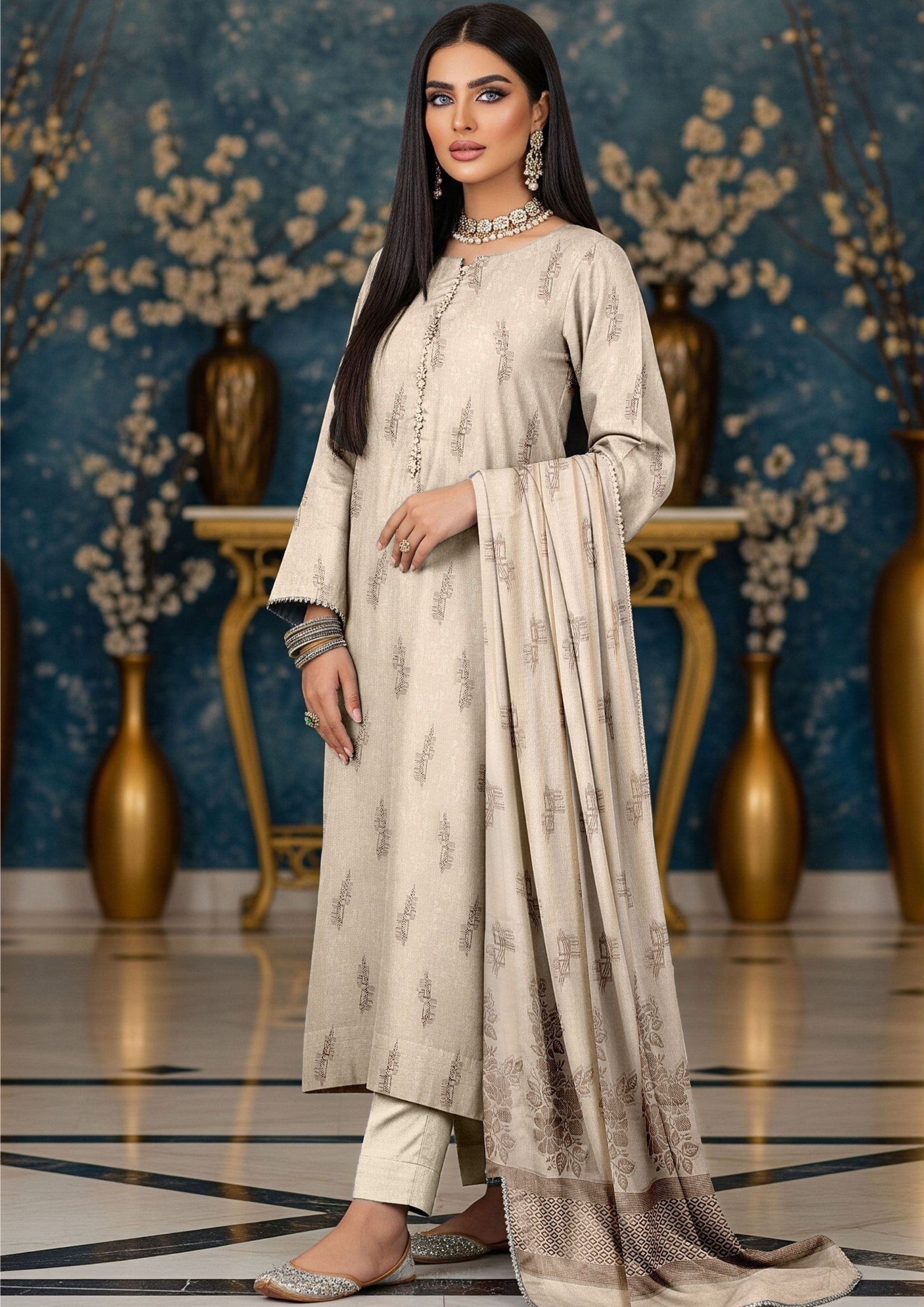 NOORI - Unstitched 3-PCS Broshia Leather Peach