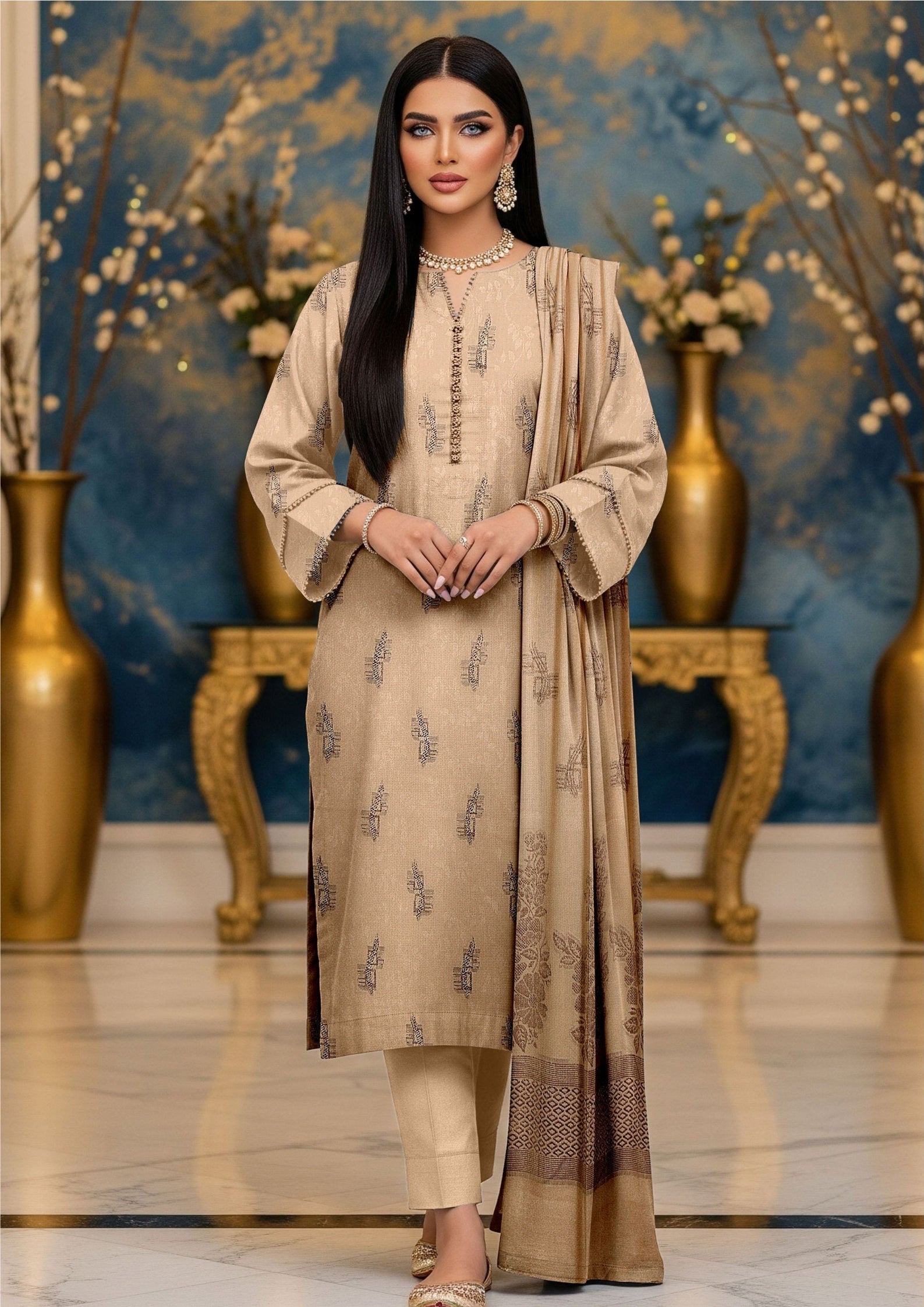 NOORI - Unstitched 3-PCS Broshia Leather Peach